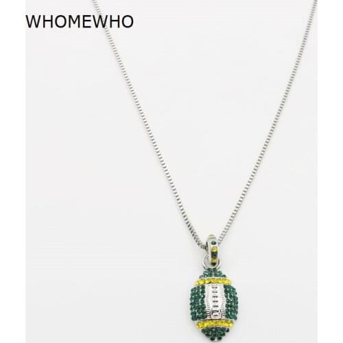Men Long Box Chain Softball Soprts Pendant Necklace Green Rhinestones Football Jewelry Promotion Gifts