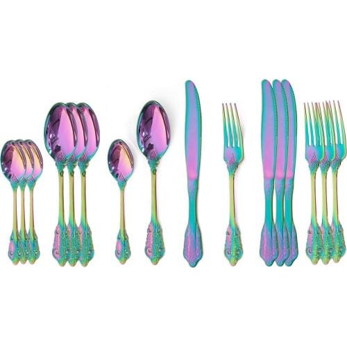 16Pcs Rainbow Tableware Set 304 Stainless Steel Cutlery Set Luxury Vintage Flatware Set Western Dinnerware Set Knife Fork Spoon