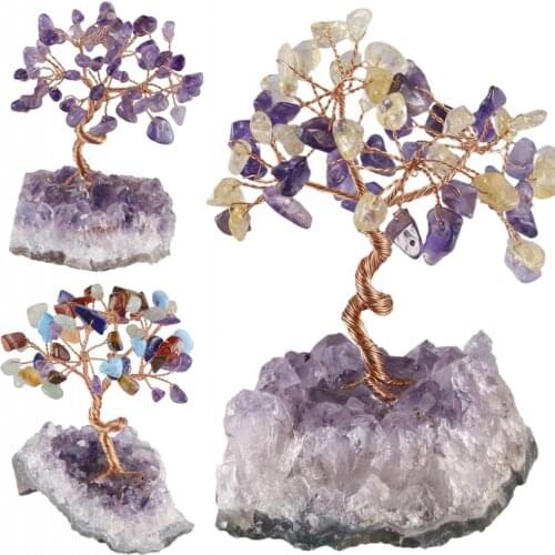 TUMBEELLUWA Crystal Money Tree, Natural Amethyst Cluster Base Bonsai Figurine for Wealth and Luck Home Decor 3.5-4.7"