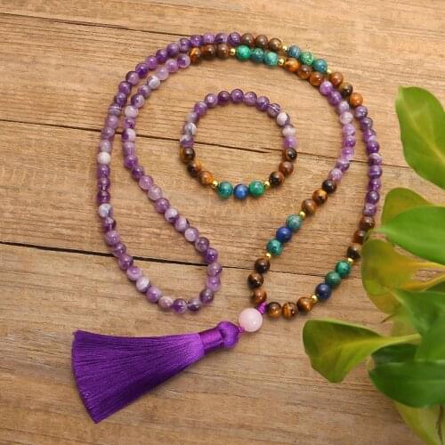 Natural Amethysts Tassel Long Necklace Bohemian Tigers Eye Stone Bracelet Yoga Meditation Jewelry 108 Mala Buddha Beads Pendant