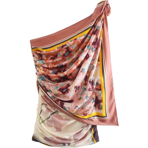 Za Woman New Summer Retro Printing Slant Neck Off Shoulder Dress Fashion Slim Midi Dress Sexy Off Shoulder Sling Mini Dresses