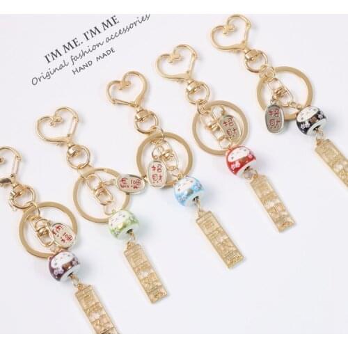 Japanese Anime Ceramic Maneki Neko Lucky Cat Fortune Gold Plated Keychain Key Chain Car For Women Bag Pendent Charms D690