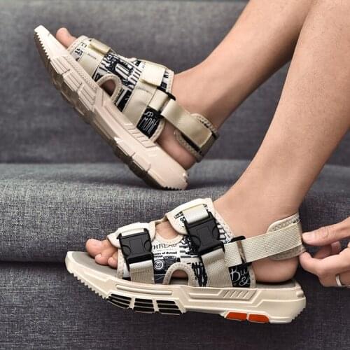 Mens Summer Sandals Thick Bottomed Open Toe Denim Print Face One Word Casual Sandals Antidkid Beach Sandals And Slippers