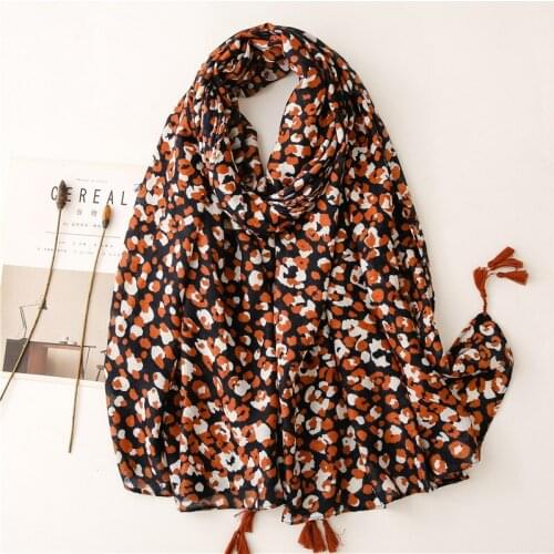 Orange Leopard Printed Scarf For Women Antumn Neck Wraps Tassel Long Muslim Hijabs Shawl