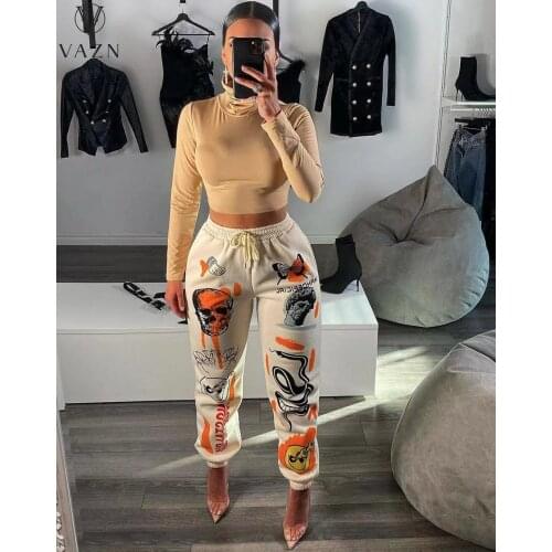 VAZN 2021 Spring Summer Young Letter Casual Daily Free Nature White Tracksuits Fashion High Waist Braid Long Pencil Pants