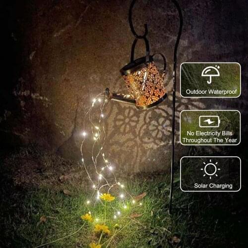Solar LED Watering Can Fairy Lights Outdoor Garden Waterproof Shower String Light Warm White Kettle Iron Hollow Landscape Decor