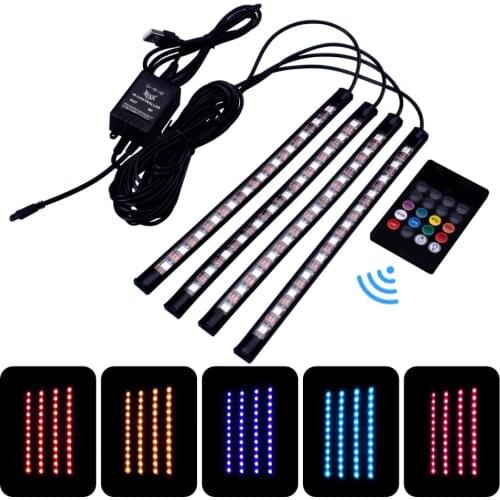 Car LED Strip Light 48 LEDs Multicolor Music Car Interior Light LED Under Dash Lighting Kits DC 12V USB with Sound Active
