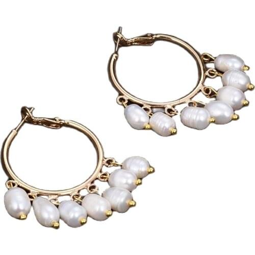 JK 30MM Teardrop White Rice Pearl Gold Plated Circle Dangle Hook Earrings