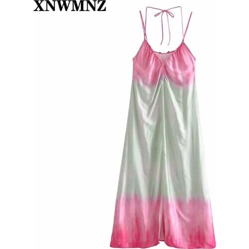 XNWMNZ Za 2021 women tie-dye print dress Vestido gathered v-neck double thin straps front slit midi dress Summer Woman Midi Dres