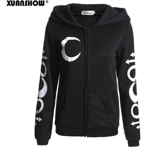 XUANSHOW 2019 Women Hoodies Sweatshirts Gothic Punk Moon Letters Print Clothes Autumn Winter Long Sleeve Jacket Zipper Lady Coat