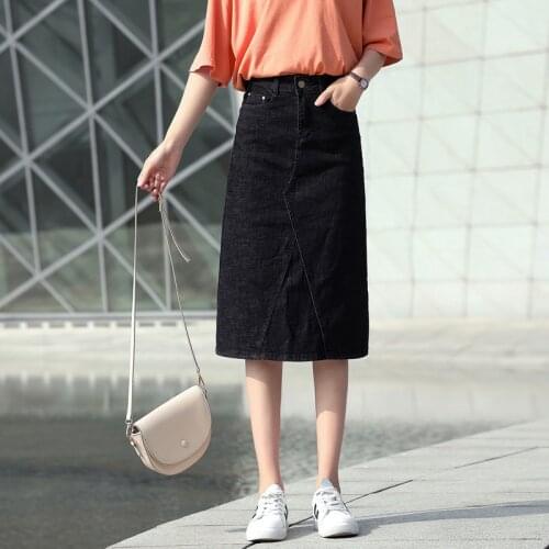 Free Shipping 2020 Womens Spring and Summer New Straight Denim Skirt Mid-length XL A-line Skirt Stretch Pack Hip Skirt