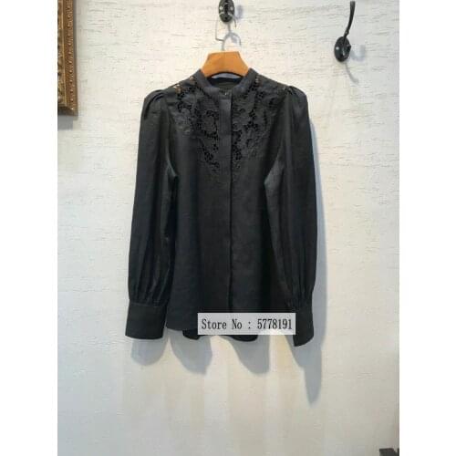 Woman White black Linen Embroidered Broderie LACE Ruffled Blouse Long Sleeves Hollow Out Fashion tops