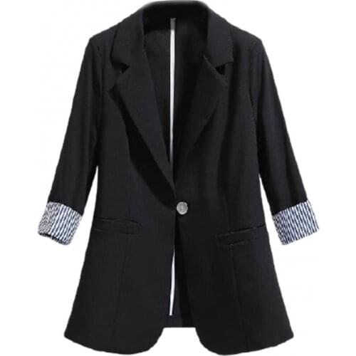 Autumn Women Blazers Elegant Solid Color Striped Cuff 3/4 Sleeve Slims Dress Blazer Coat Plus Size Office Jacket Cardigan