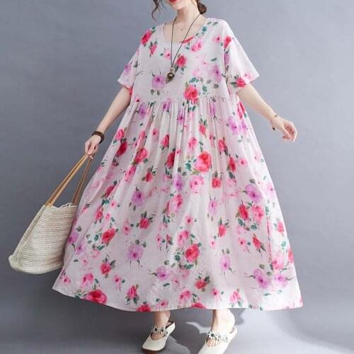 New 2021 Summer Fashion Dress Women Sundress Vintage Loose Casual Printed Pink Cotton Dress Robe Female Large Size Linen Dresses