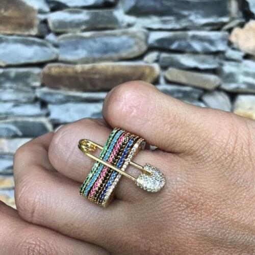 Rainbow CZ Safety Pin Ring for Women elegance Jewelry Wedding Gift Gold color Femme Bijoux street fashion ring all match gift