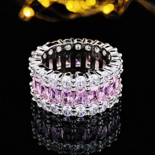 2021 New Trendy Pink Color Round 925 Sterling Silver Eternity Band Ring For Women Anniversary Gift Jewelry Wholesale R6156