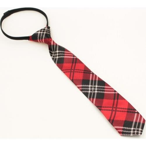 1 piece Pre-tied Students Zipper Ties For Men Boys Girls Slim Narrow Necktie With Scotland Grid Pattern Red Color 5cm Width