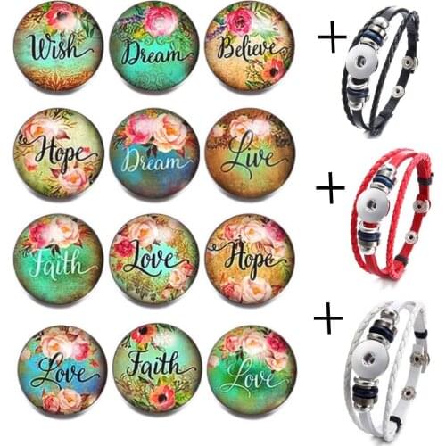 12pcs/lot Glass Snap Button Cherry blossoms Love Patterns 3pcs Leather Bracelet Colorful Beads Charms Snap Bracelet Women Gift