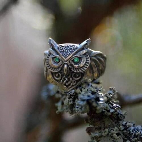 3D Owl Shape Ring for Women Men Personality Eyes Inlaid Green Zircon Punk Hip Hop Rings Jewelry Party Night Club Gift