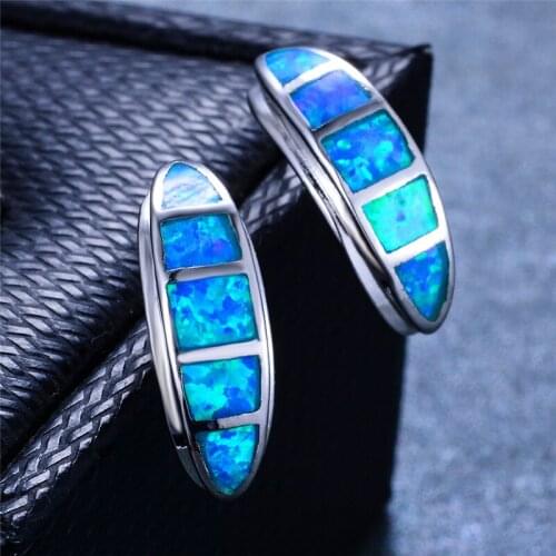 Geometric Square Stone Small Stud Earrings Simple Fashion White Blue Opal Earrings Charm Silver Color Wedding Earrings For Women
