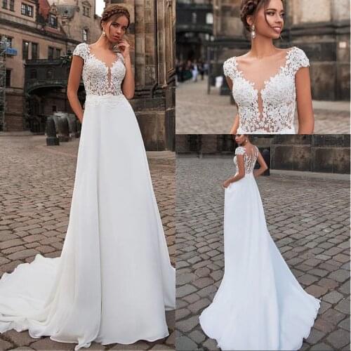 Graceful Scoop Neckline See-through Bodice Chiffon A-line Wedding Dress With Beading Beach Wedding Dresses For Women