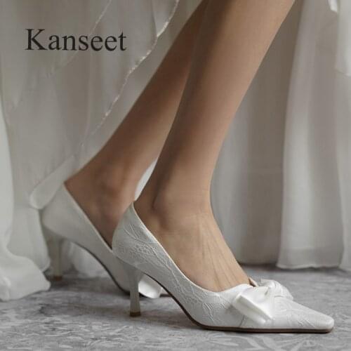 Kanseet Vintage Wedding Bridal Party 2021 Women Pumps Butterfly-Knot White Thin High Heels Footwear Shallow Hot Sale Shoes Women