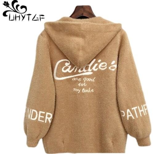 UHYTGF Imitation Mink Velvet Knitted Autumn Sweater Jacket Fashion Fur Collar Hooded Cardigan Female Casual Warm Short Coat 1161