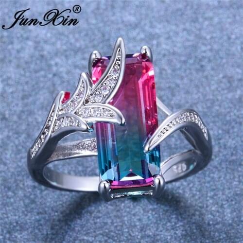 Red Blue Crystal Rainbow Zircon Ring Cute Mermaid Tail Rings For Women Vintage Silver Color Big Rectangle Stone Wedding Jewelry