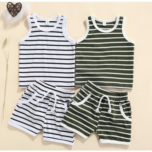 2Pcs Baby Boy Summer Outfits Striped Print Sleeveless Tank Tops+Elastic Waist Shorts Cotton Casuak Beach Clothes Set