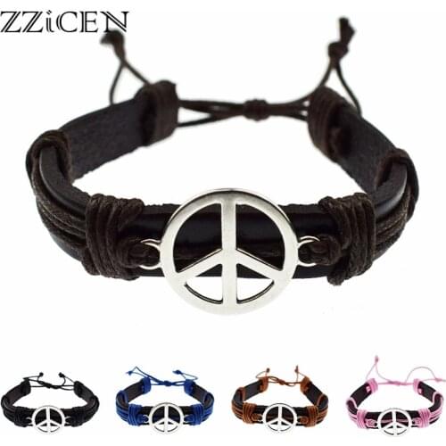 Fashion Antique Peace Symbol Jewelry for Women Men Punk Vintage Adjustable Peace Sign Wristband Genuine Leather Bracelets