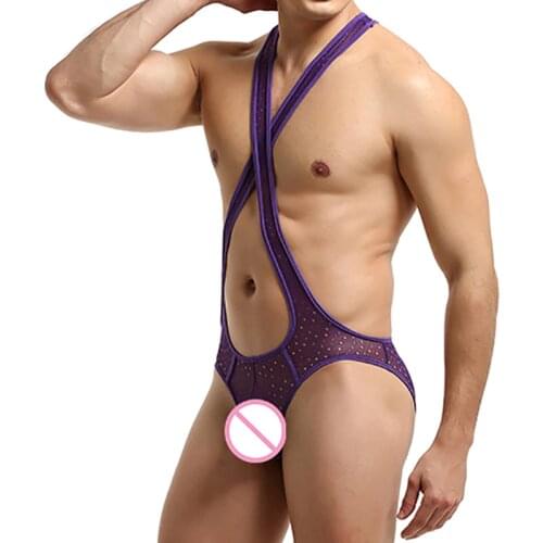 Men Undershirts Lingerie Mesh Transparent Bodysuits Jockstrap Open Butt Jumpsuits Leotard Wrestling Singlets Underwear One-piece