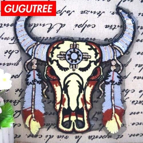GUGUTREE chenille embroidery paillette big patches cow head patches animal patches badges patches for jackets