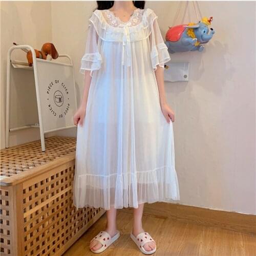 Ladies Lolita Nightgowns Lace Long Nightdress Sexy Sleepwear Women Vintage Elegant Negligee Ladies Japanese Ruffles Nighty White