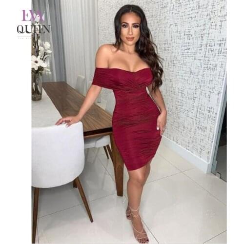 EvaQueen Solid Ruched Elegant Mni Dress Women Off Shoulder Soft Summer Bodycon Dresses Backless High Waist Sexy Party Vestidos