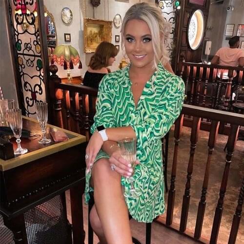 Ardm Fahion V Neck Button Strap Print Dresses For Women 2021 Long Sleeve Autumn Mini Dress Shirt Vintage Party Dresses Vestidos