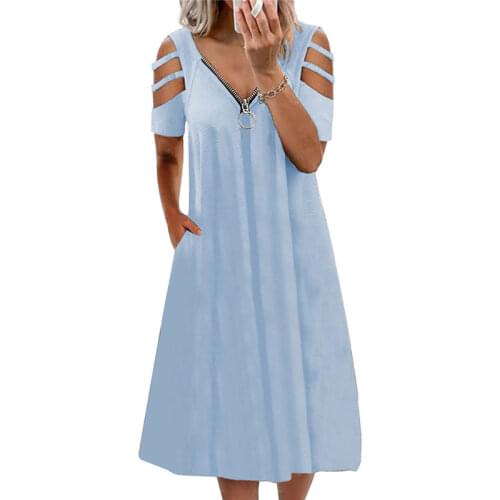 V Neck Elegant Zipper Dress Women Summer Casual Hollow Out Solid Fashion Pocket Short Sleeve Party Dress Plus Size Vestidos