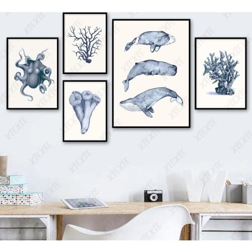 Abstract Marine Life Poster Octopus Coral Whale Canvas Painting Conch Print and Wallpaper Picture Decoration Home Craft