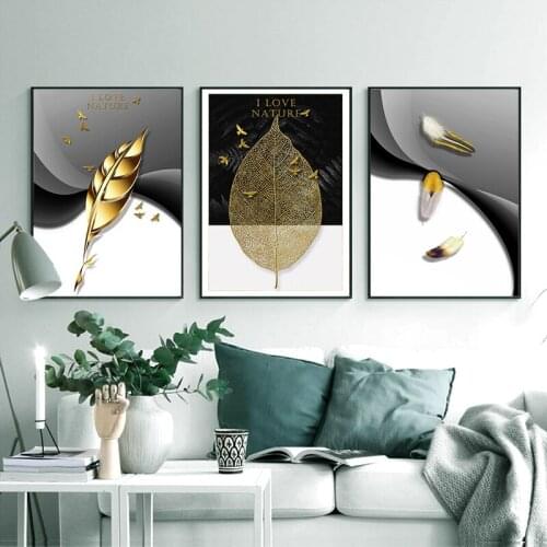 Modern Minimalist Nordic Golden Abstract Leaf Poster Sofa Living Room Home Background Wall Decoration Painting Core
