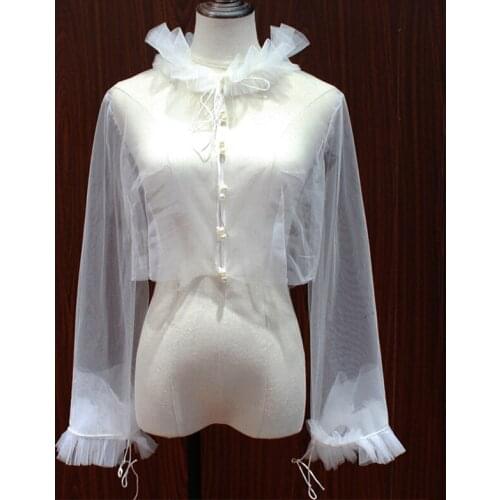 Bridal Wedding Illusion Tulle Coat Lady Elegant Party Shawl Women Pearl Button Victorian Stylish Blouse Romantic Ruffle Bolero