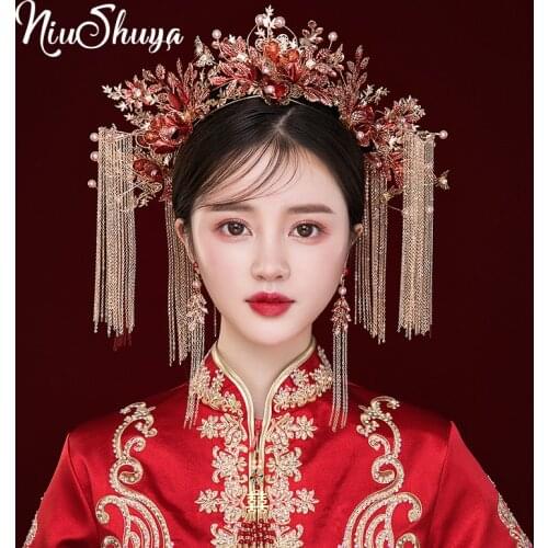 NiuShuya Traditional Chinese Wedding Bride Queen Crown Red Headpieces Vintage Tiara China Style Headdress Bridal Hair Accessorie