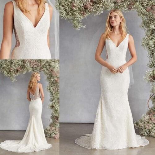 Vintage Mermaid Wedding Dresses Lace Applique Spaghetti Straps V Back Button Vestido De Noiva Custom Made Bridal Dress