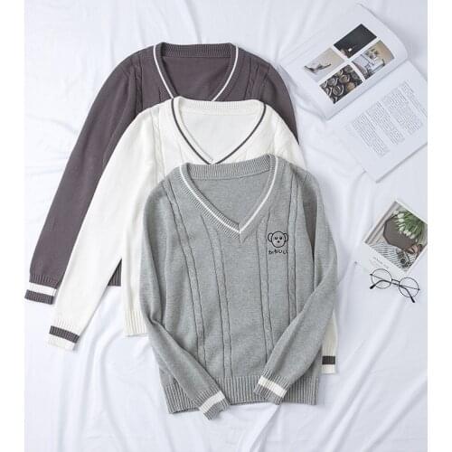 Japanese school uniform Gray Bear JK Couples Sweater College British Style JK Uniform Embroidered V-neck Long Sleeve Sweater