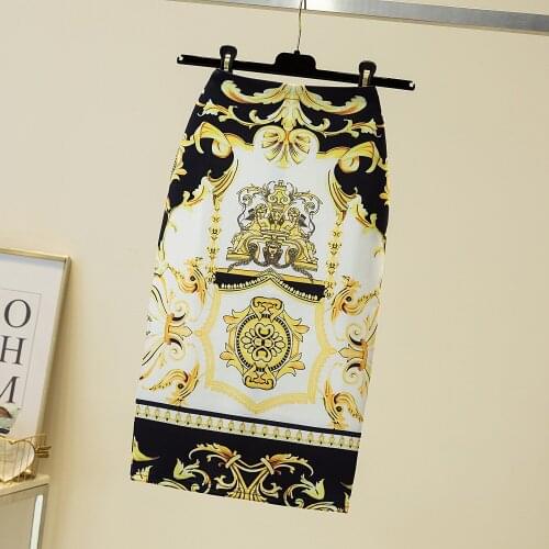 Printing High Waist Pencil Skirts Streewear Sexy Mid Length Skirt Royal Gold Retro Office Commuter Women Skirt