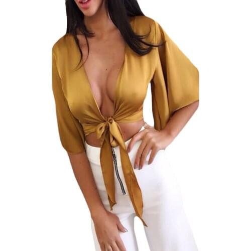 Women Ladies Satin Tie Knot Front Flared Short Sleeve Shirt Plunge Neck Crop Top D08E