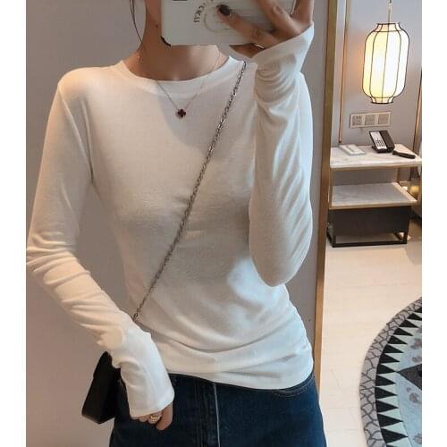 Gkfnmt 2020 Autumn Long Sleeve T shirt Women Tshirt Cotton Korean Style White T-shirt Tee Shirt Femme Women Clothes Gray Coffee