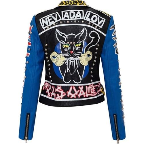 Spring Faux Leather High Waist Jacket Women Graffiti Leopard Pattern Rivet Motorcycle Clothing