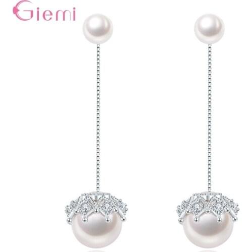 Elegant Vogue 925 Sterling Silver Cubic Zircon Crown Pearl Dangle Earrings for Women Girl Long Drop Tassel Jewelry Gift Brincos