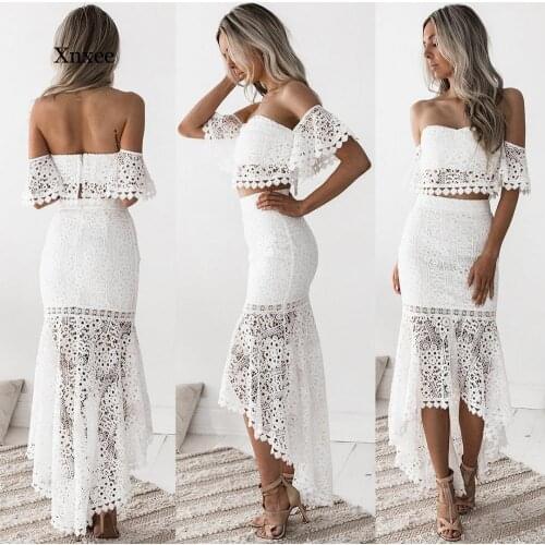 Summer Off Shoulder Women White Lace Mermaid Skirt 2 Pcs Set Sexy Bodycon Backless Spring Crop Top Pencil Skirts Suit Outfits