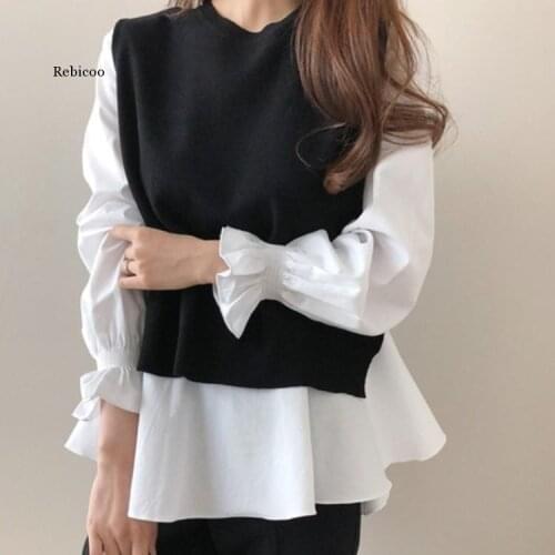 Autumn Women White Ruffled Long Sleeve Shirt+ Black O-Neck Pullover Sleeveless Vest Office Casual Knitted Vest 2 Piece Set