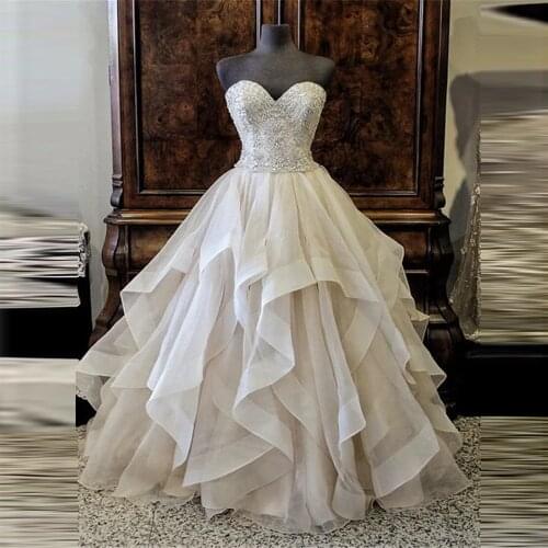 Robe De Mariee Sweetheart Tulle Ball Gown Wedding Dresses Beaded Top Ruffles Women Bridal Gowns Princess Bride 2020 Custom Made